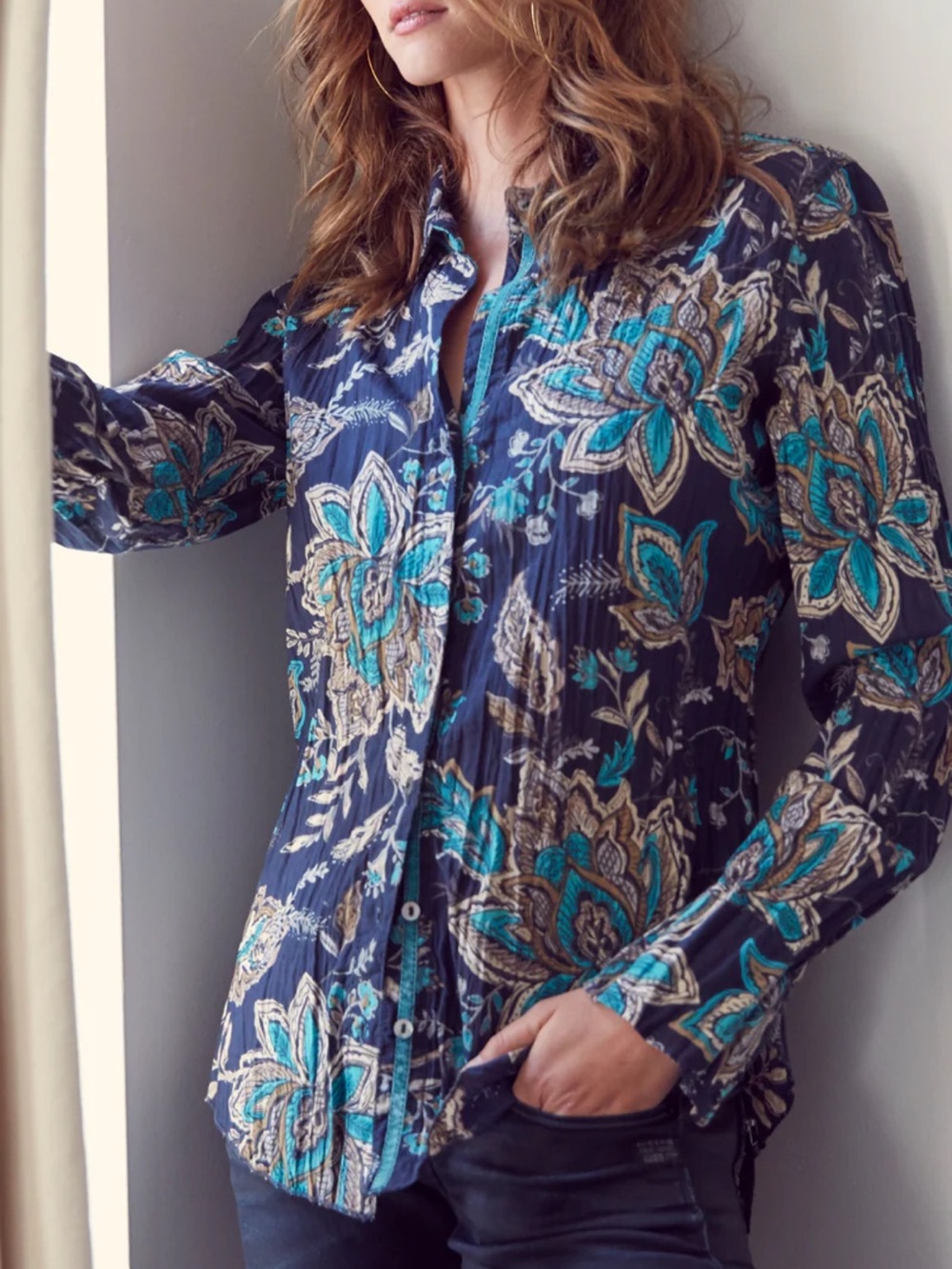 Cino Java Floral Button-Down Crinkle Cotton Long Sleeve Shirt Top Small